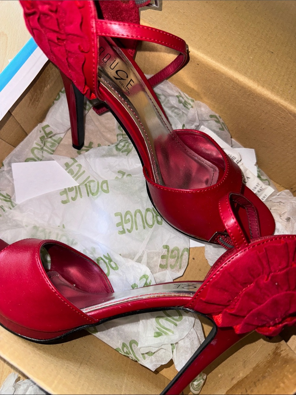 Rouge Helium Red Open-Toe Ruffle Ankle-Strap Heels